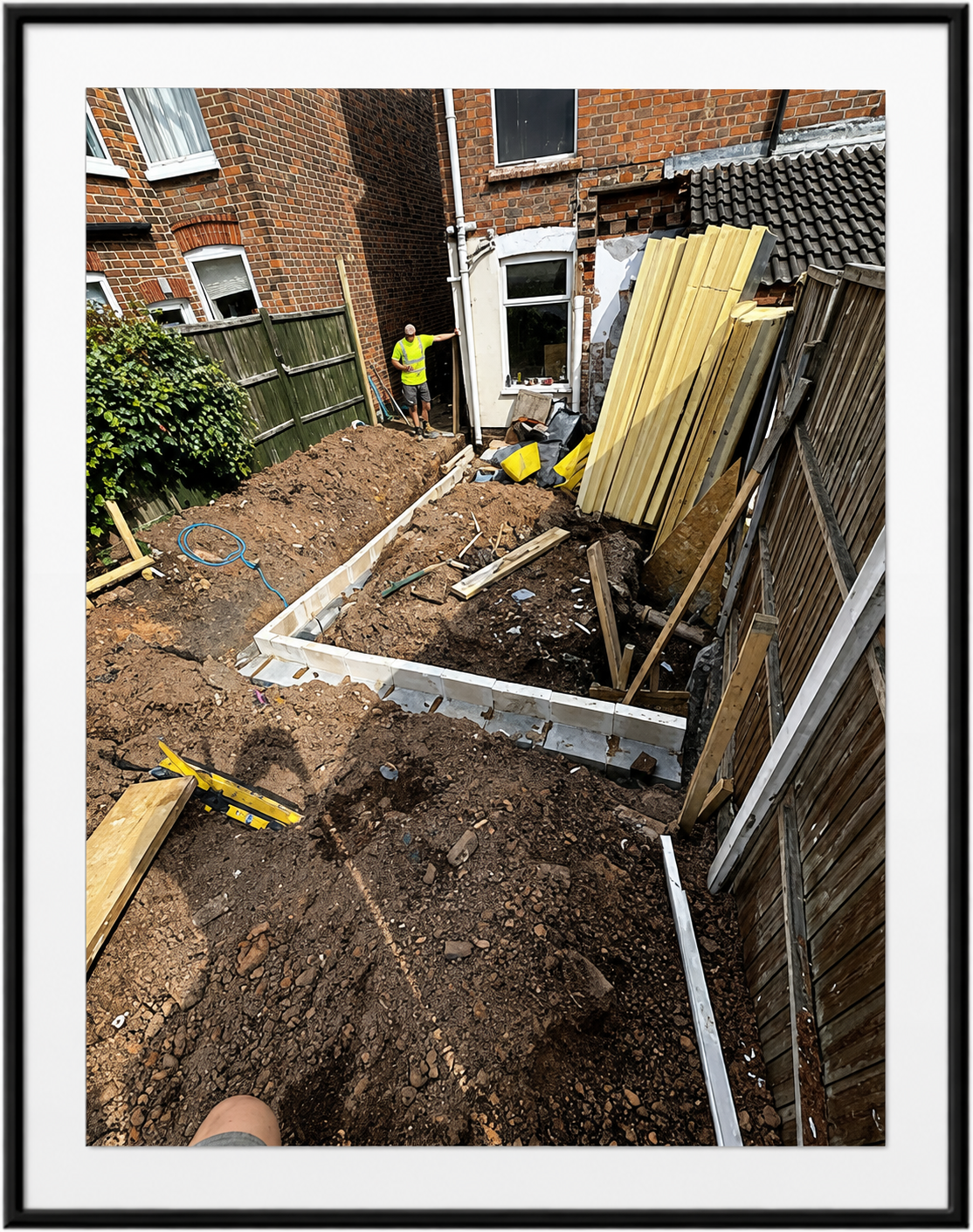 Foundation and construction work during a property refurbishment project
