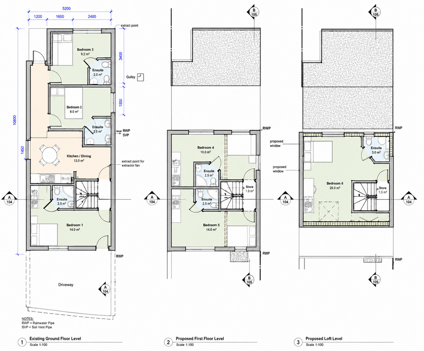Floor plans and elevations used to coordinate a house extension structural design