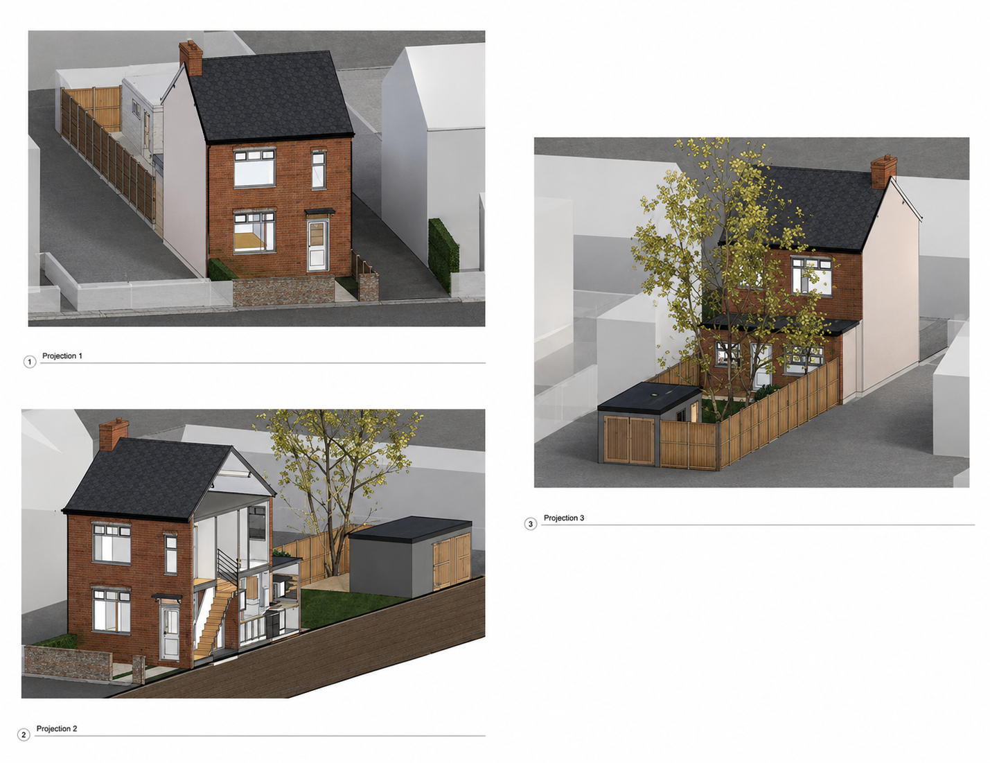Three-dimensional design views of a proposed residential house extension