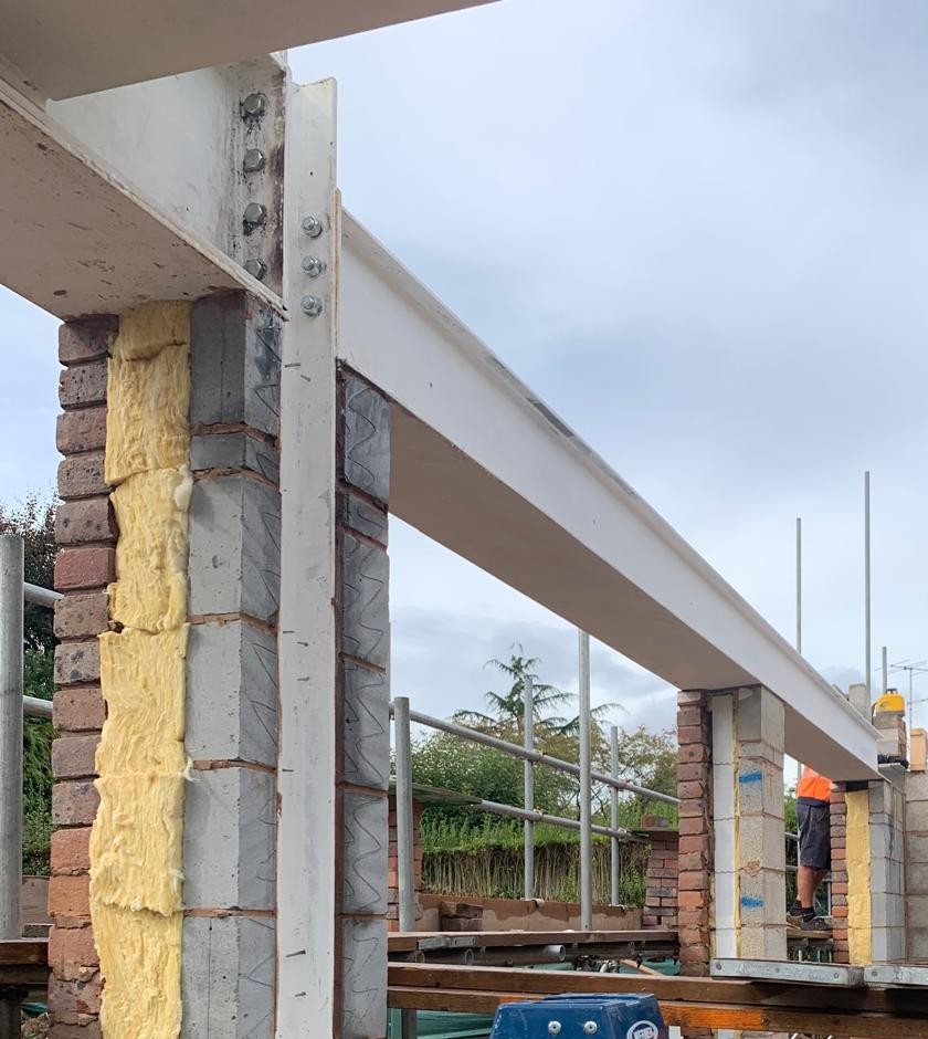 Structural steel beam and column connection in residential extension